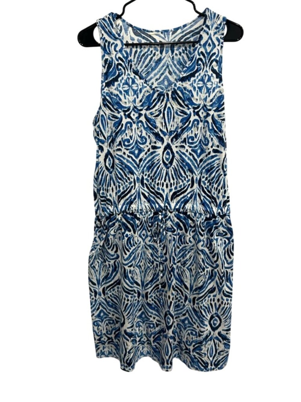 Blue White Large Sleeveless Boho Inspired Print Dress Drawstring Cottagecore